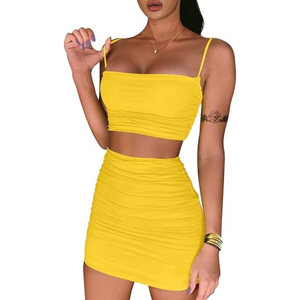 Ruched Cami Crop Top Bodycon Skirt 2 Piece Outfit, MEDIUM, 12M-173SET001
